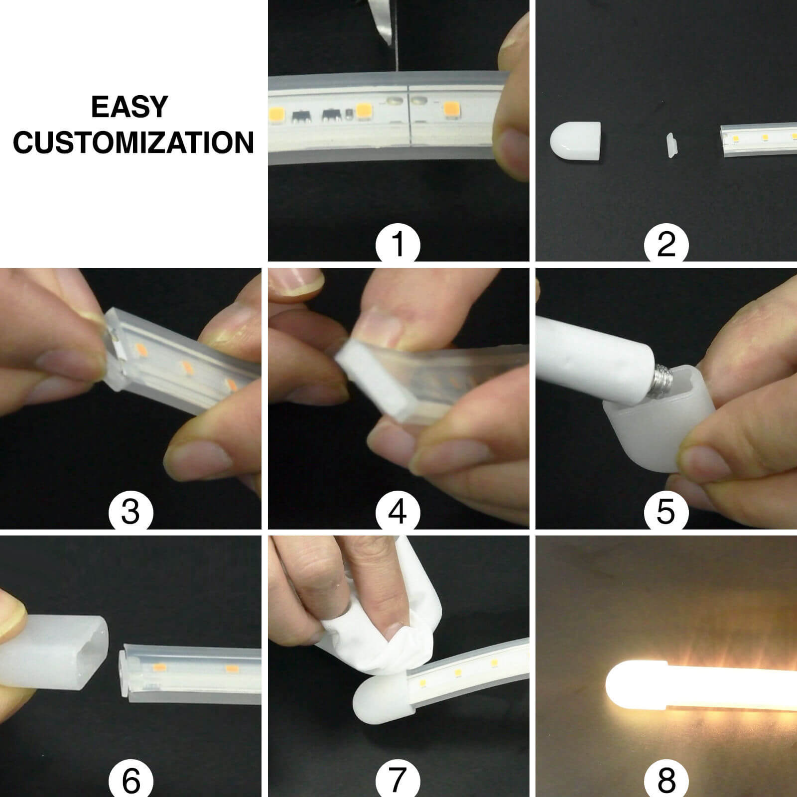 how to connect cut Pool Edge Lighting led strips - End cup install instruction